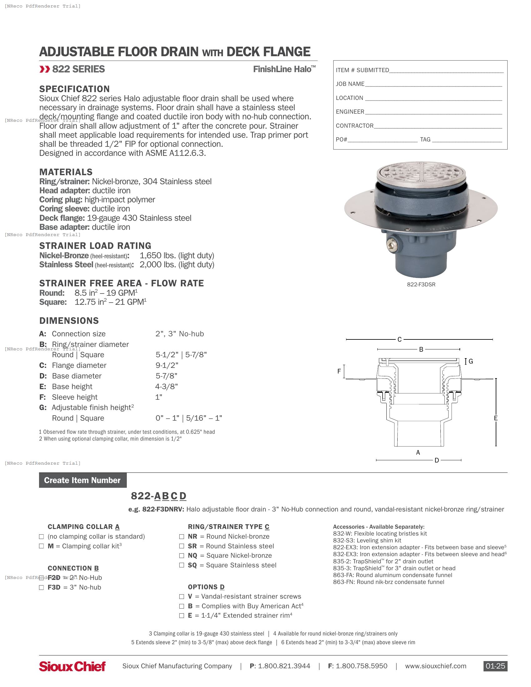 822 SERIES - FINISHLINE HALO FLOOR DRAIN NO-HUB - SPEC SHEET.PDF Specification Document